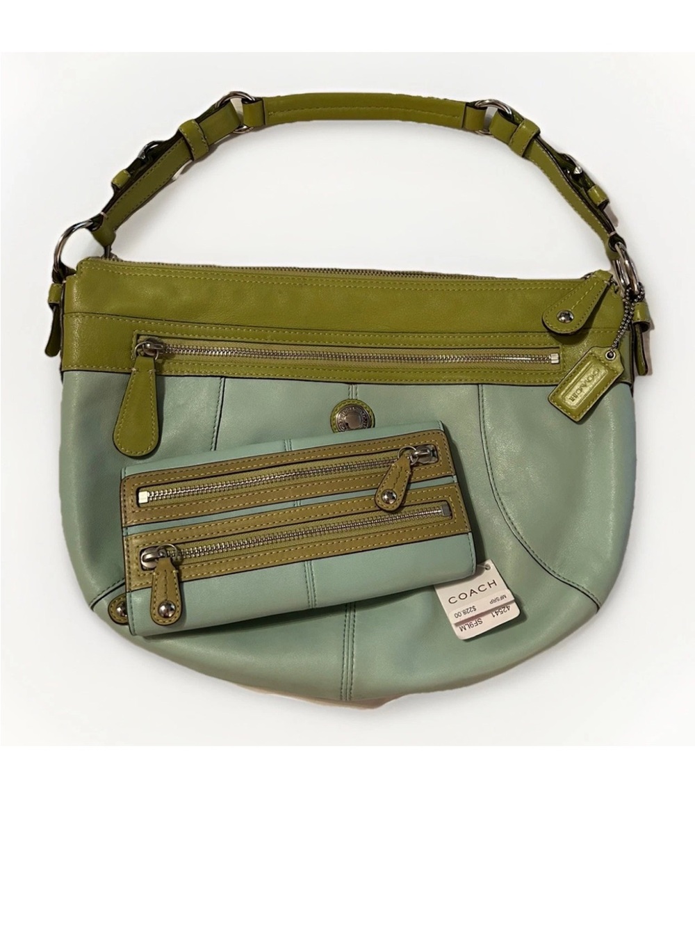 Coach Laura Hobo Bag/Bonnie Wallet Set Seafoam/Lime Leather-Silver Hardware EUC